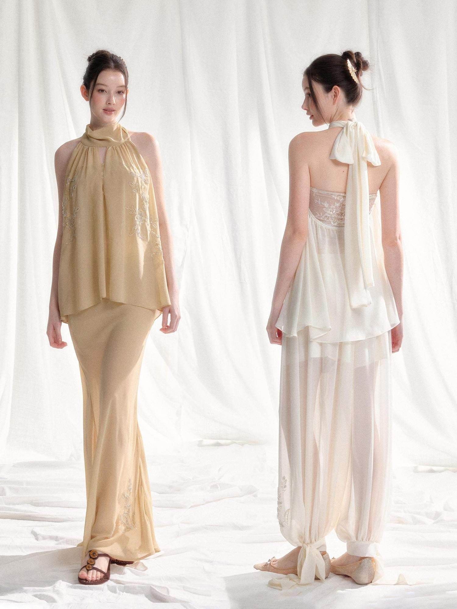 Tut tuto White Yellow Beaded Halter Lace Women's Chiffon Casual Top & Pants Sets