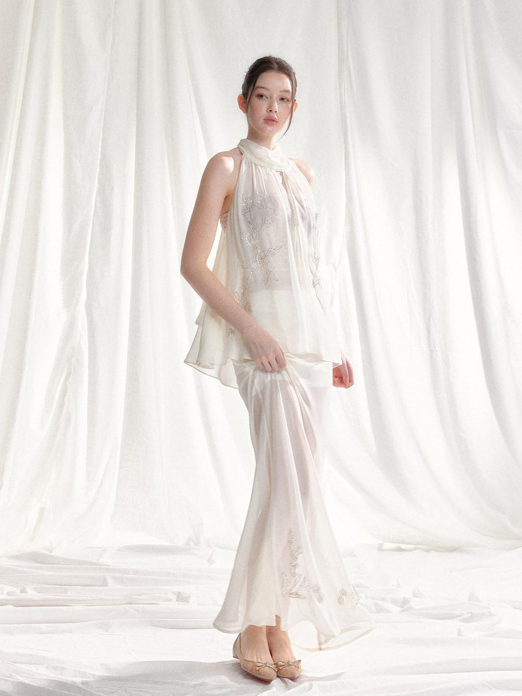 Tut tuto White Yellow Beaded Halter Lace Women's Chiffon Casual Top & Pants Sets