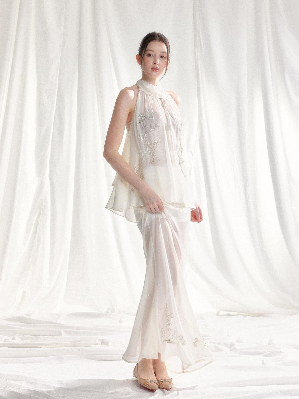 Tut tuto White Yellow Beaded Halter Lace Women's Chiffon Casual Top & Pants Sets