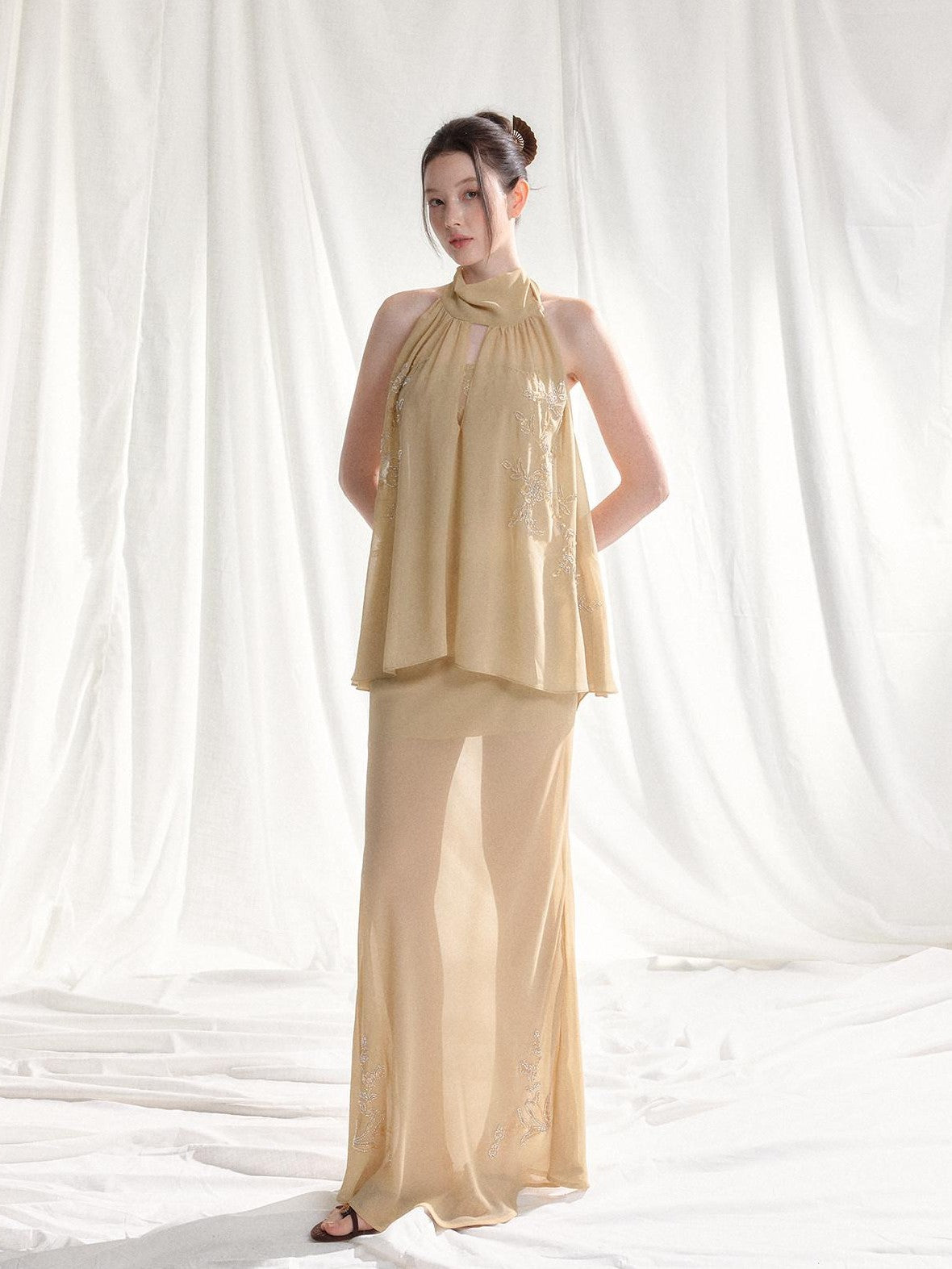 Tut tuto White Yellow Beaded Halter Lace Women's Chiffon Casual Top & Pants Sets
