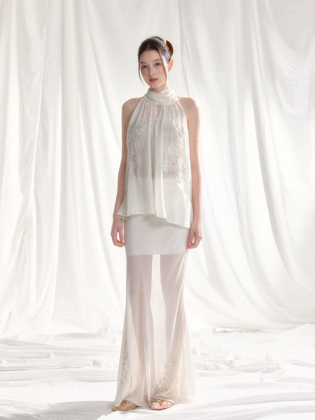 Tut tuto White Yellow Beaded Halter Lace Women's Chiffon Casual Top & Pants Sets