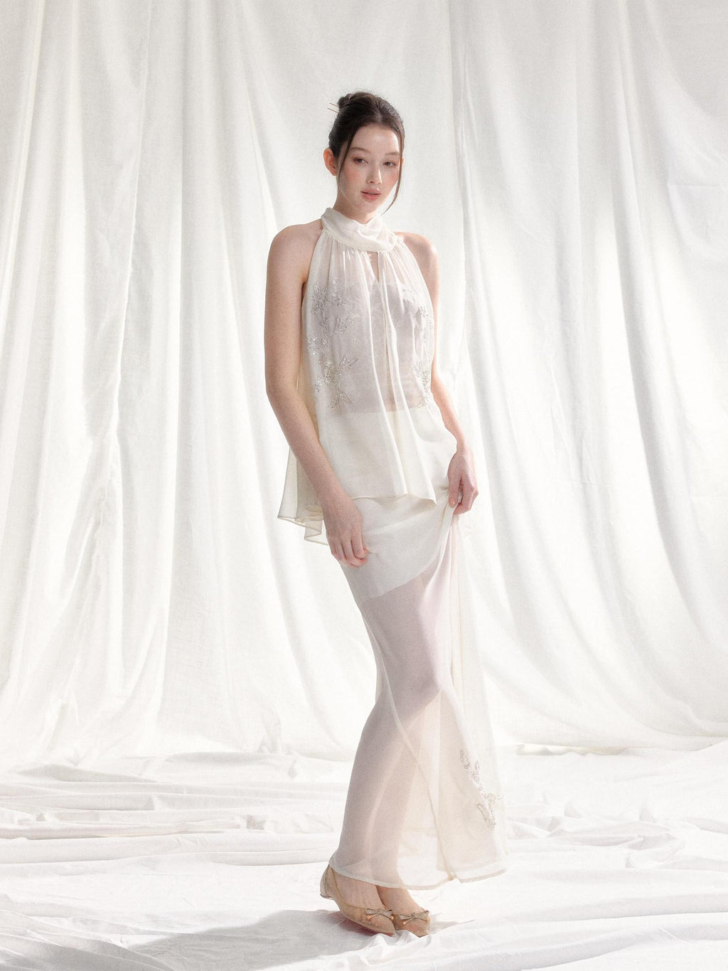 Tut tuto White Yellow Beaded Halter Lace Women's Chiffon Casual Top & Pants Sets