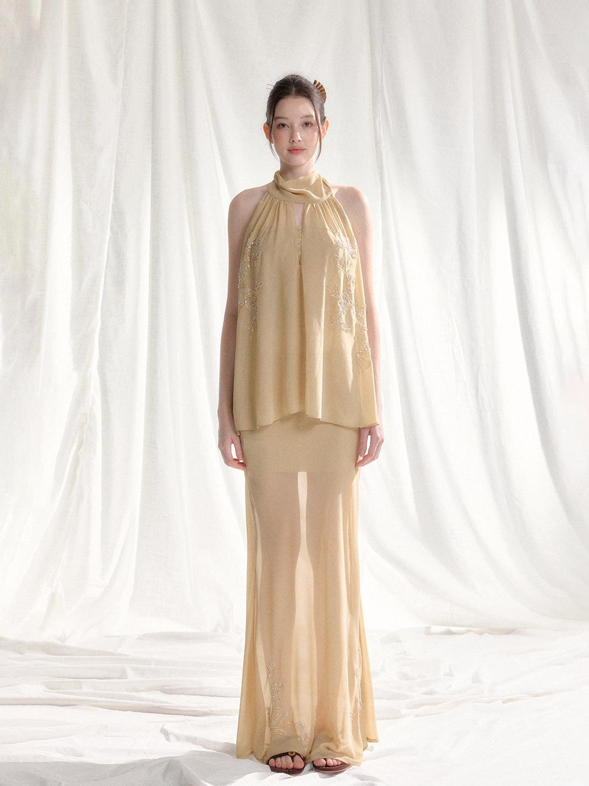 Tut tuto White Yellow Beaded Halter Lace Women's Chiffon Casual Top & Pants Sets