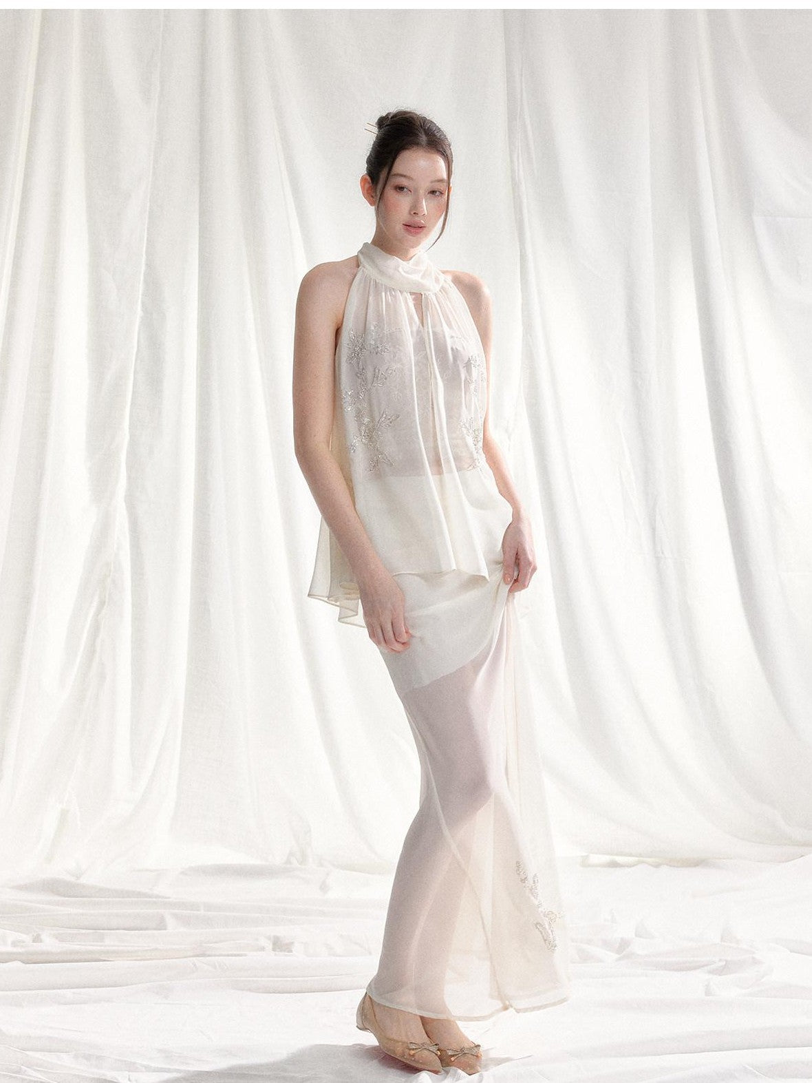 Tut tuto White Yellow Beaded Halter Lace Women's Chiffon Casual Top & Pants Sets