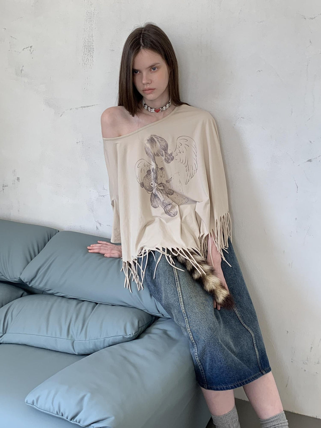 UNIVERSE Asymmetric Batwing Tassel Bear Print Women's Cotton Long Sleeve T-shirts