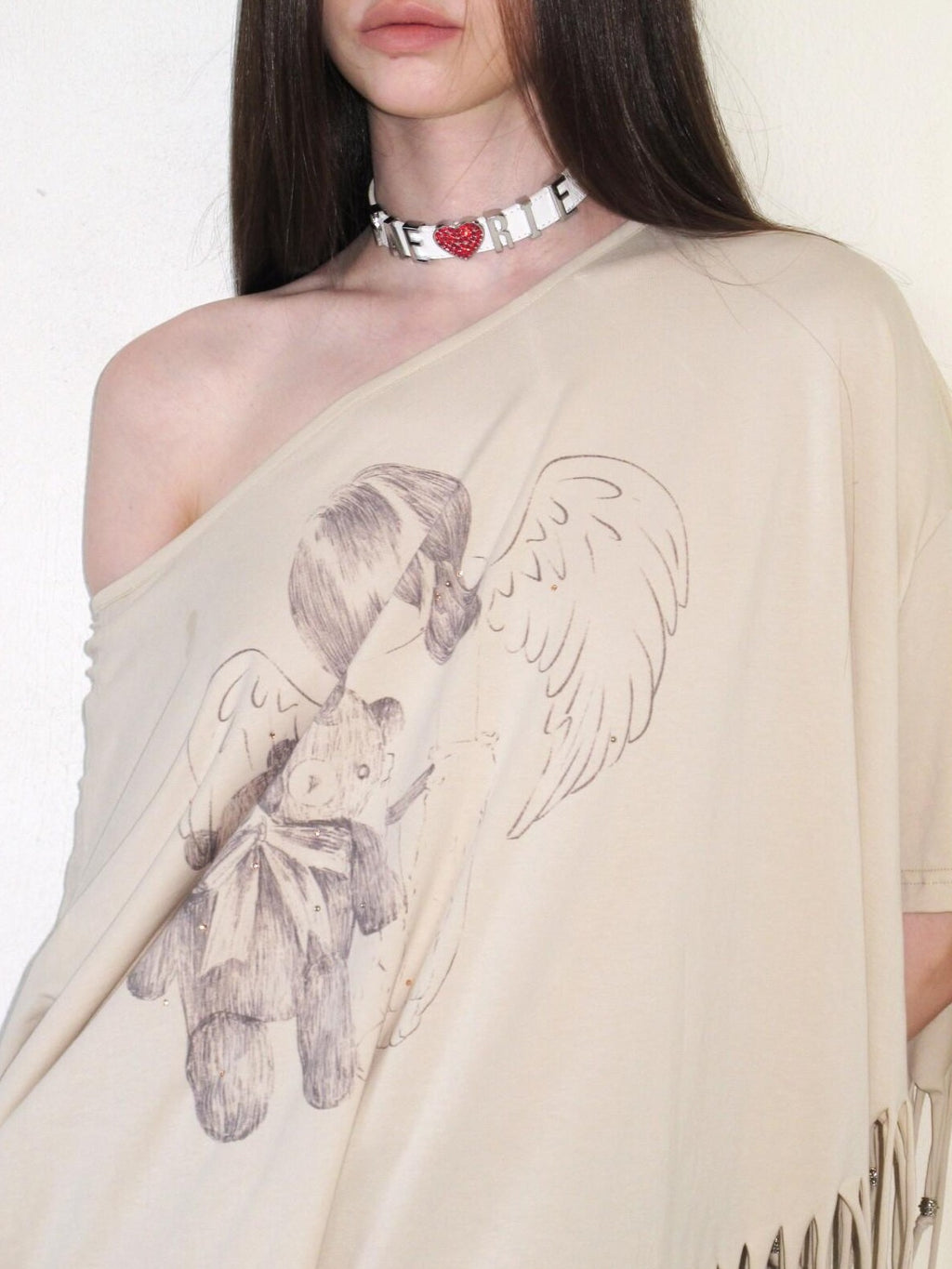 UNIVERSE Asymmetric Batwing Tassel Bear Print Women's Cotton Long Sleeve T-shirts