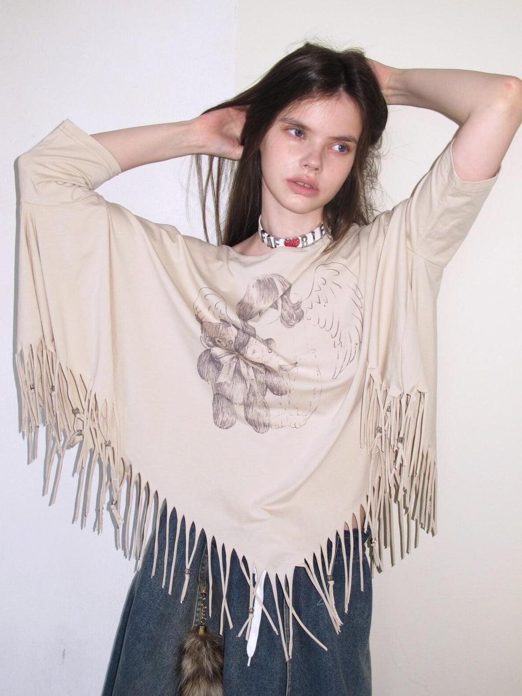 UNIVERSE Asymmetric Batwing Tassel Bear Print Women's Cotton Long Sleeve T-shirts