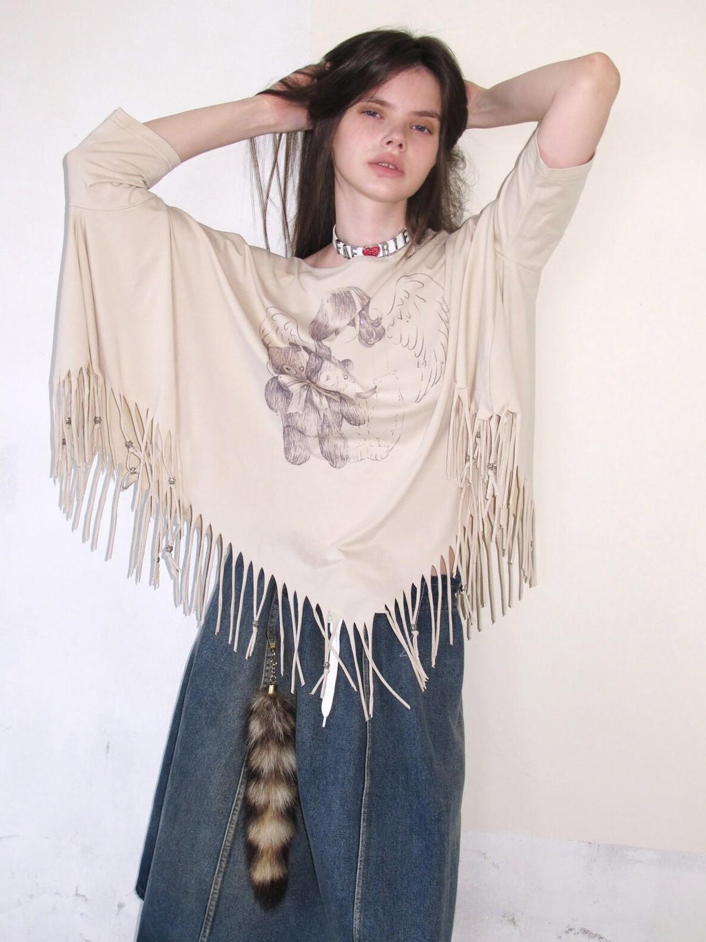 UNIVERSE Asymmetric Batwing Tassel Bear Print Women's Cotton Long Sleeve T-shirts