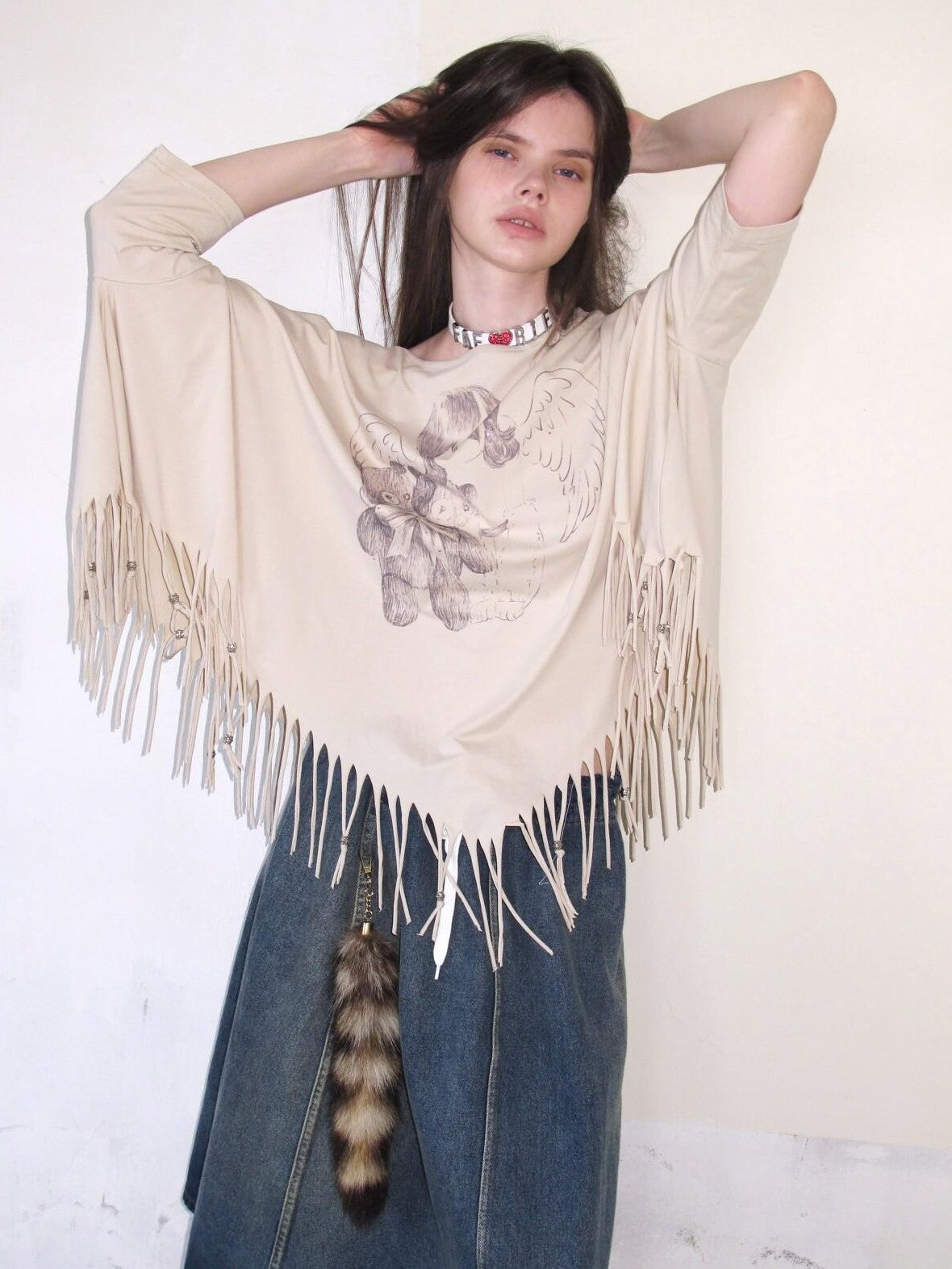 UNIVERSE Asymmetric Batwing Tassel Bear Print Women's Cotton Long Sleeve T-shirts