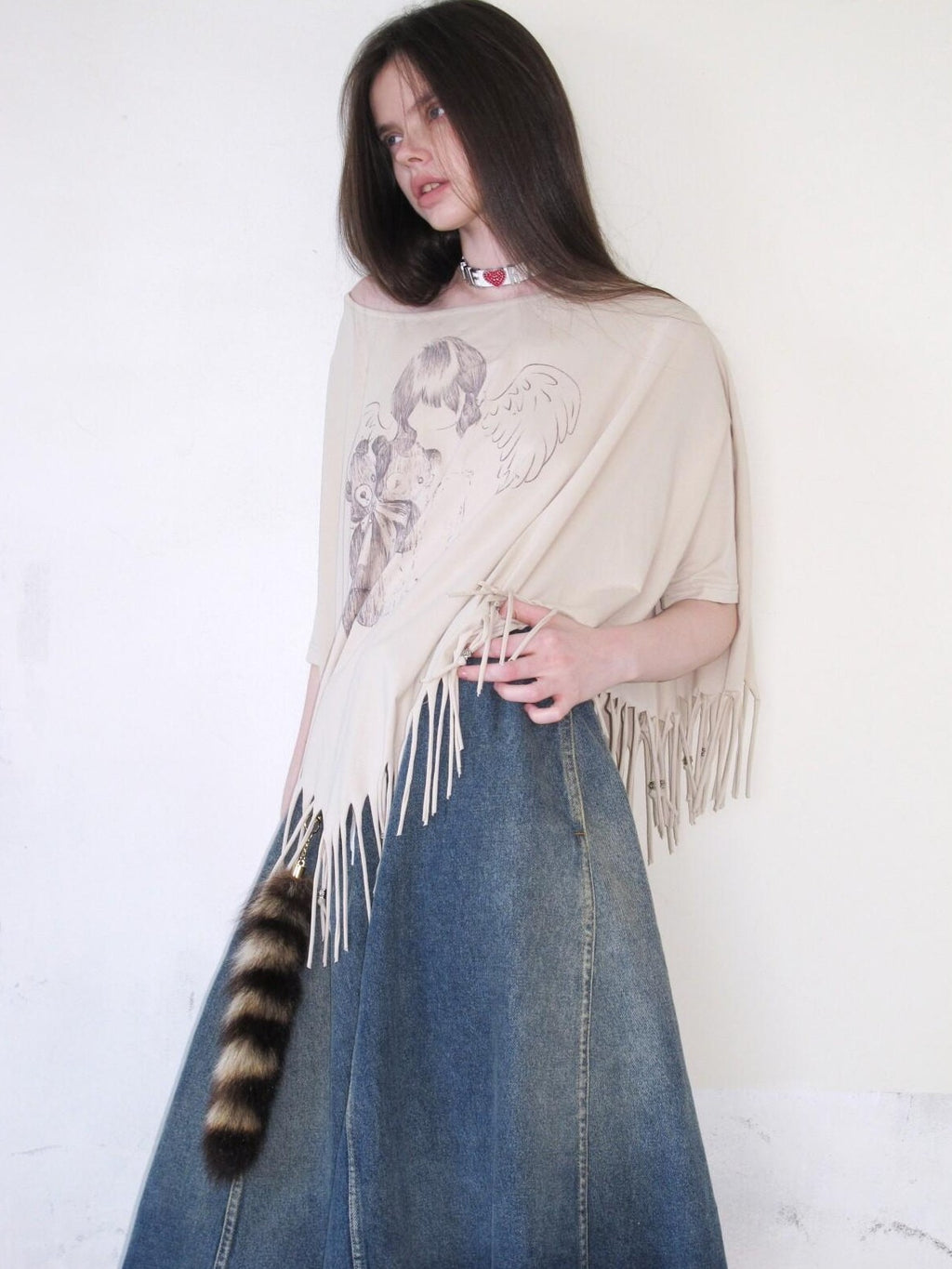 UNIVERSE Asymmetric Batwing Tassel Bear Print Women's Cotton Long Sleeve T-shirts