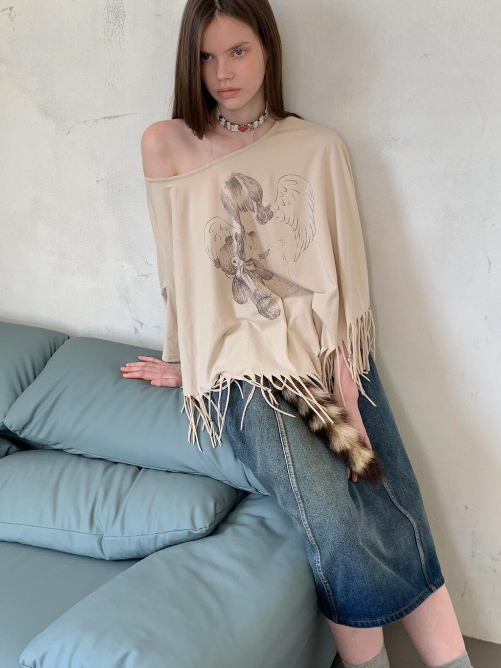 UNIVERSE Asymmetric Batwing Tassel Bear Print Women's Cotton Long Sleeve T-shirts