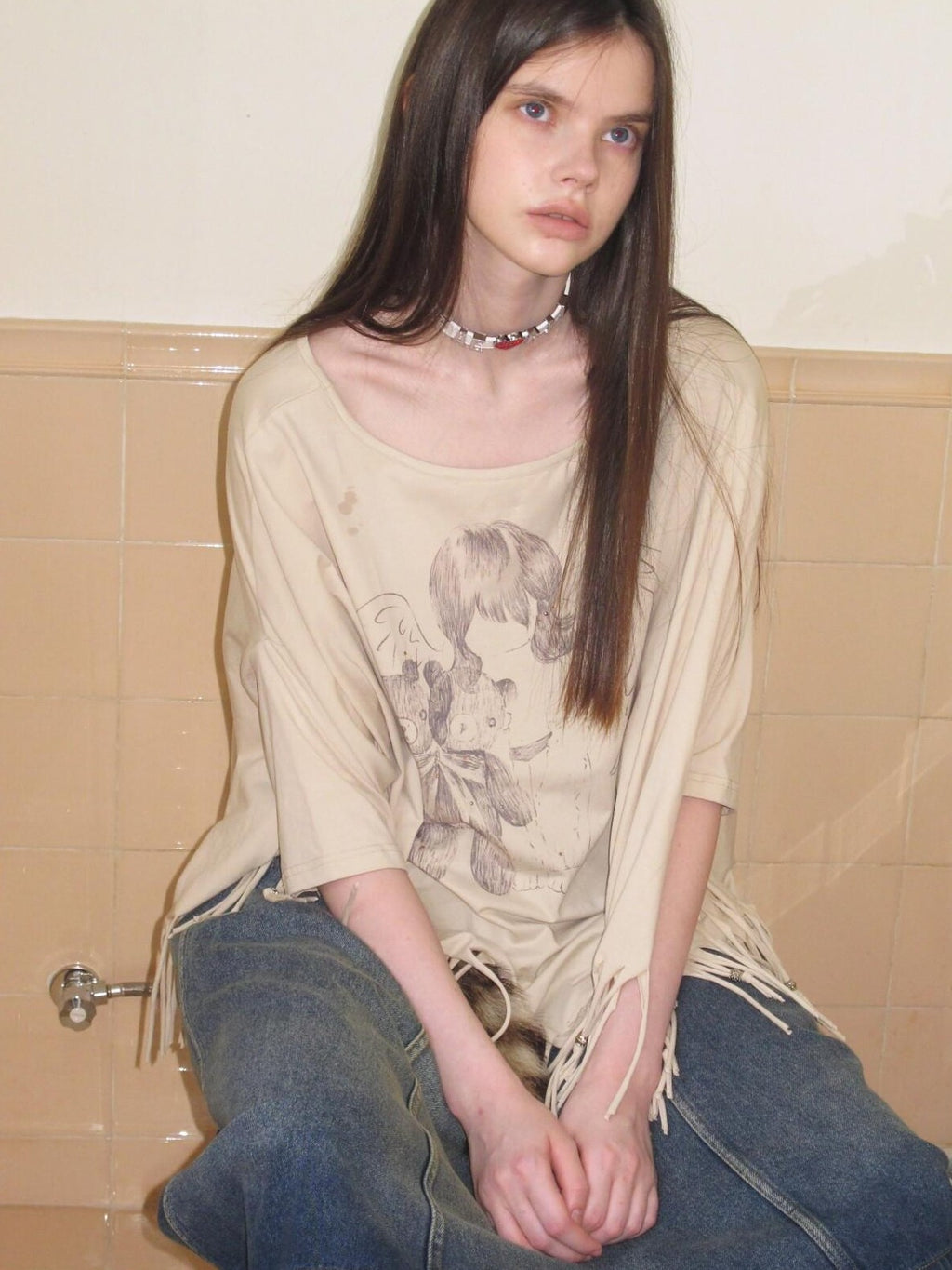 UNIVERSE Asymmetric Batwing Tassel Bear Print Women's Cotton Long Sleeve T-shirts