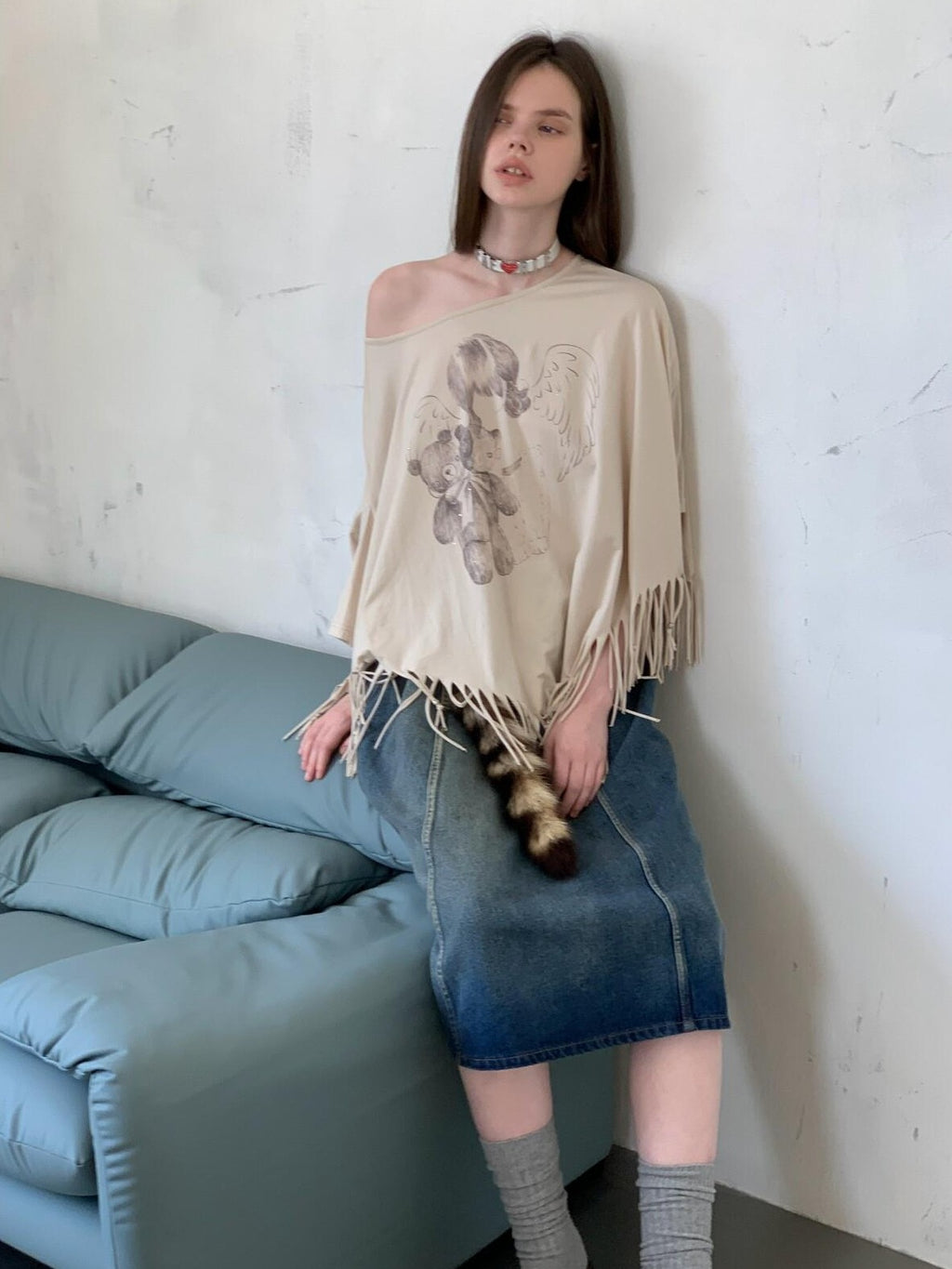 UNIVERSE Asymmetric Batwing Tassel Bear Print Women's Cotton Long Sleeve T-shirts
