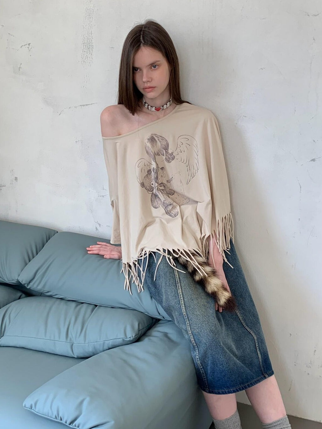 UNIVERSE Asymmetric Batwing Tassel Bear Print Women's Cotton Long Sleeve T-shirts