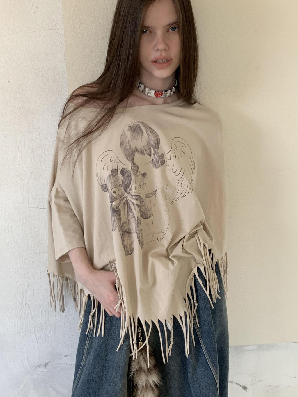 UNIVERSE Asymmetric Batwing Tassel Bear Print Women's Cotton Long Sleeve T-shirts