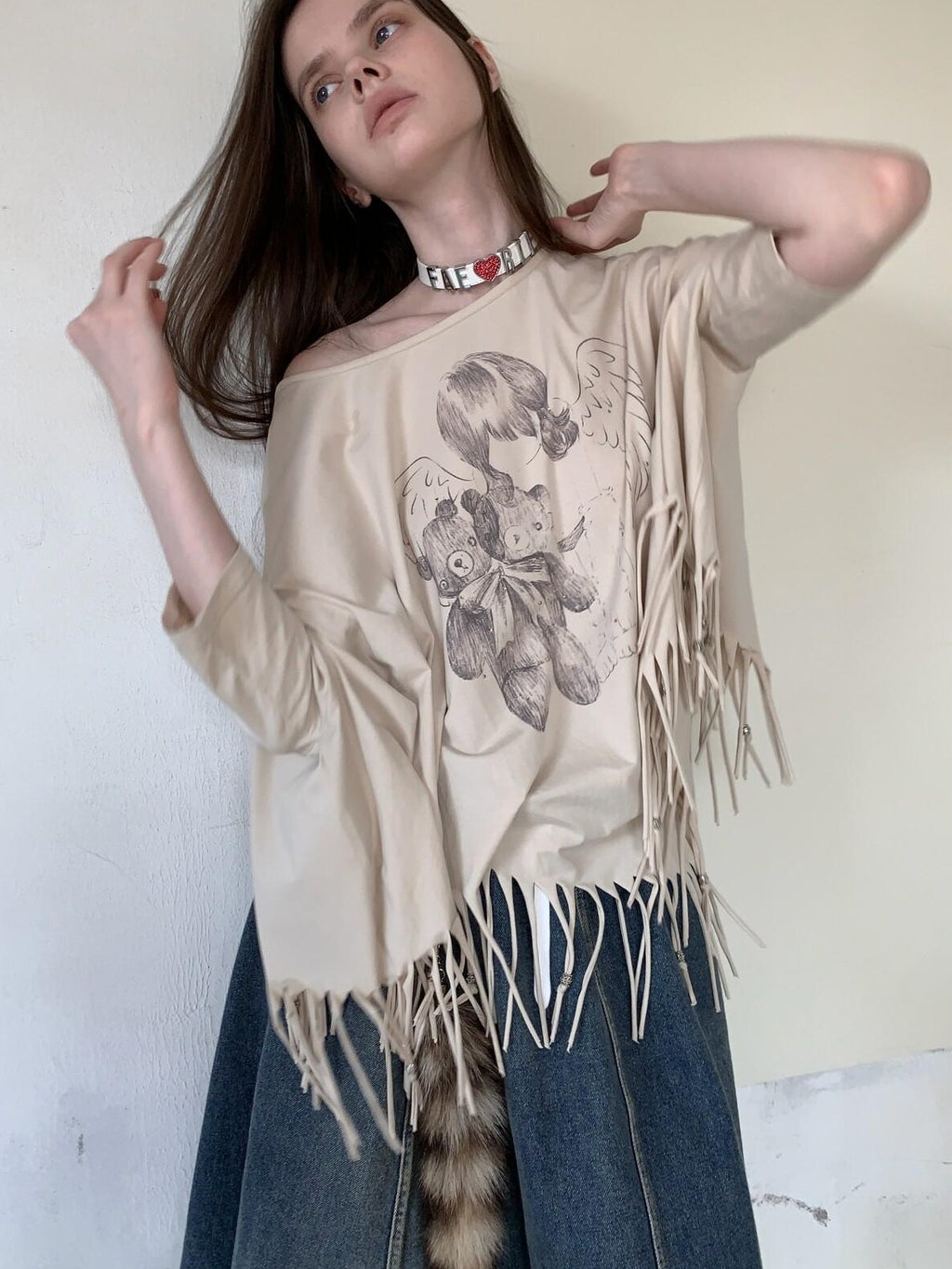 UNIVERSE Asymmetric Batwing Tassel Bear Print Women's Cotton Long Sleeve T-shirts