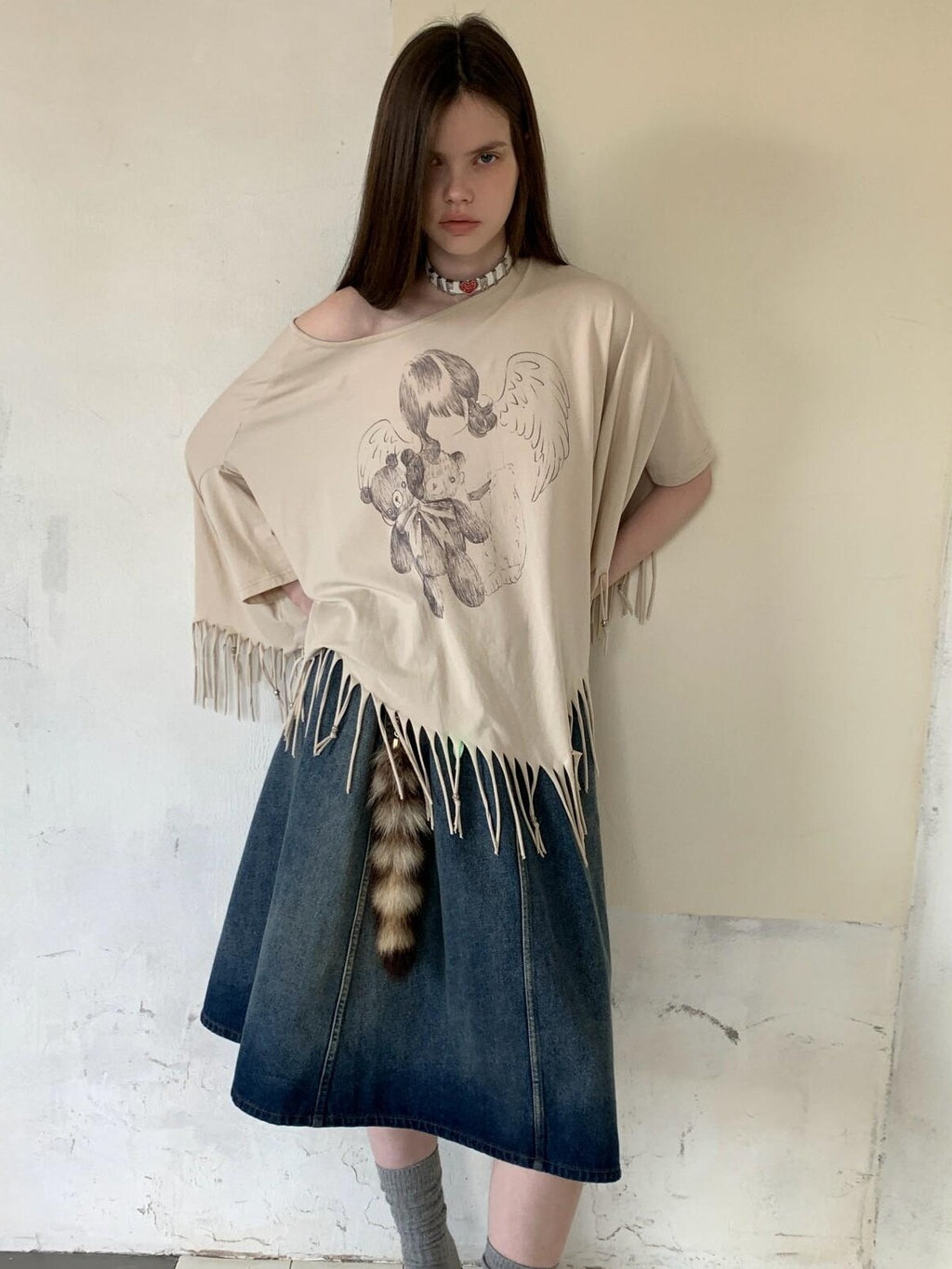 UNIVERSE Asymmetric Batwing Tassel Bear Print Women's Cotton Long Sleeve T-shirts