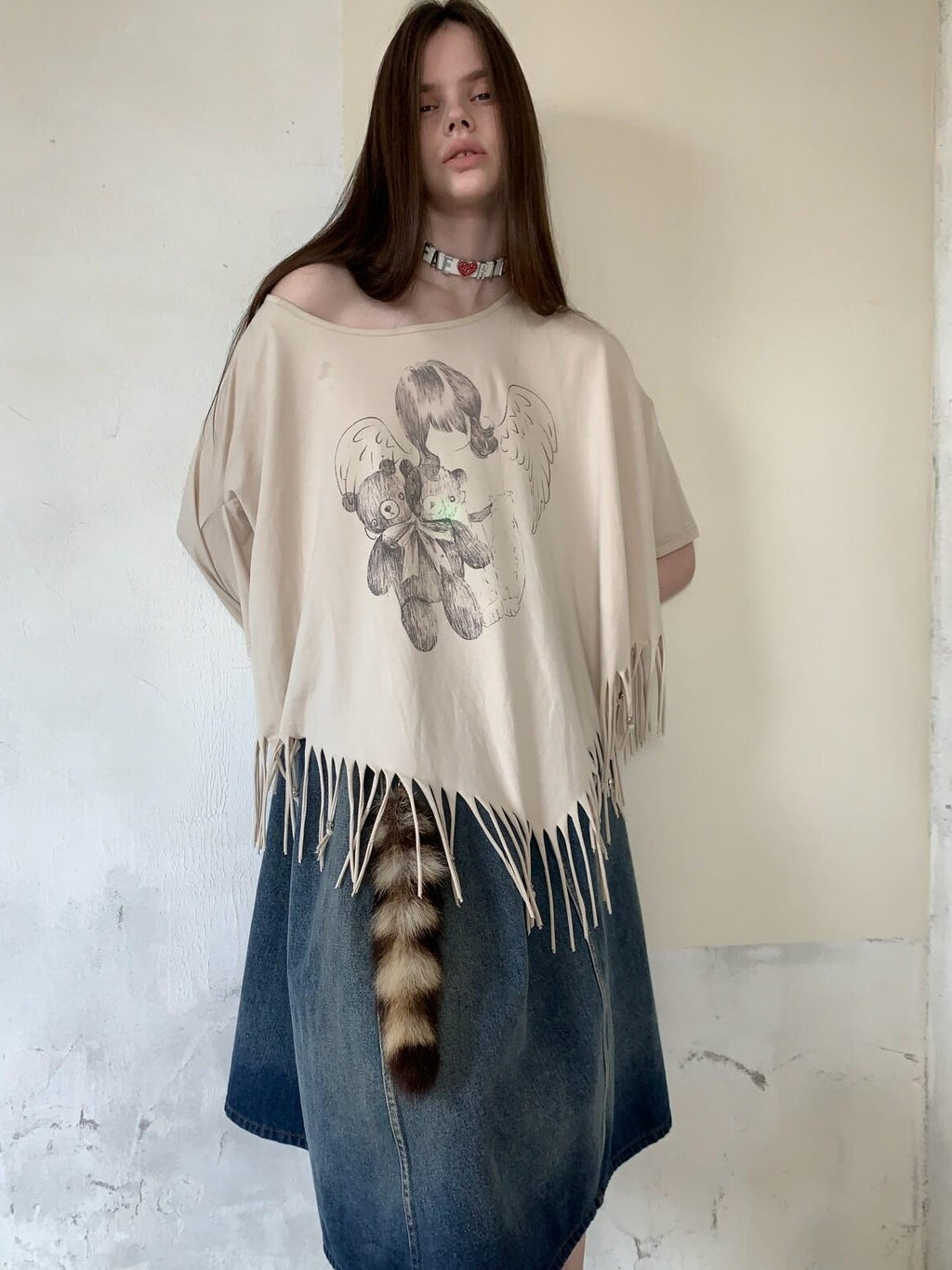 UNIVERSE Asymmetric Batwing Tassel Bear Print Women's Cotton Long Sleeve T-shirts