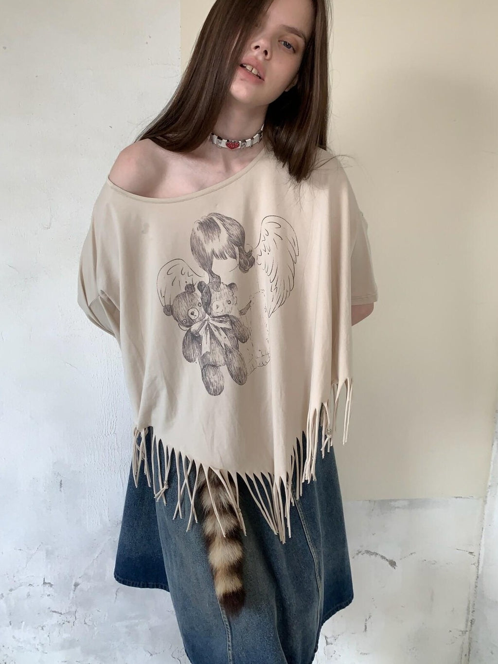 UNIVERSE Asymmetric Batwing Tassel Bear Print Women's Cotton Long Sleeve T-shirts