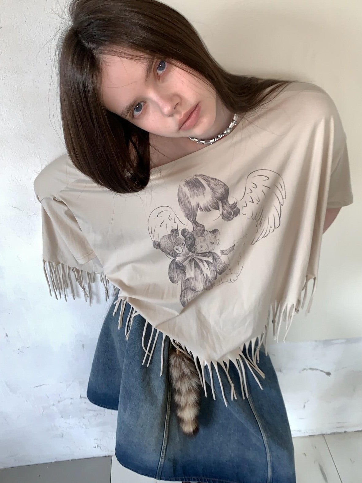 UNIVERSE Asymmetric Batwing Tassel Bear Print Women's Cotton Long Sleeve T-shirts