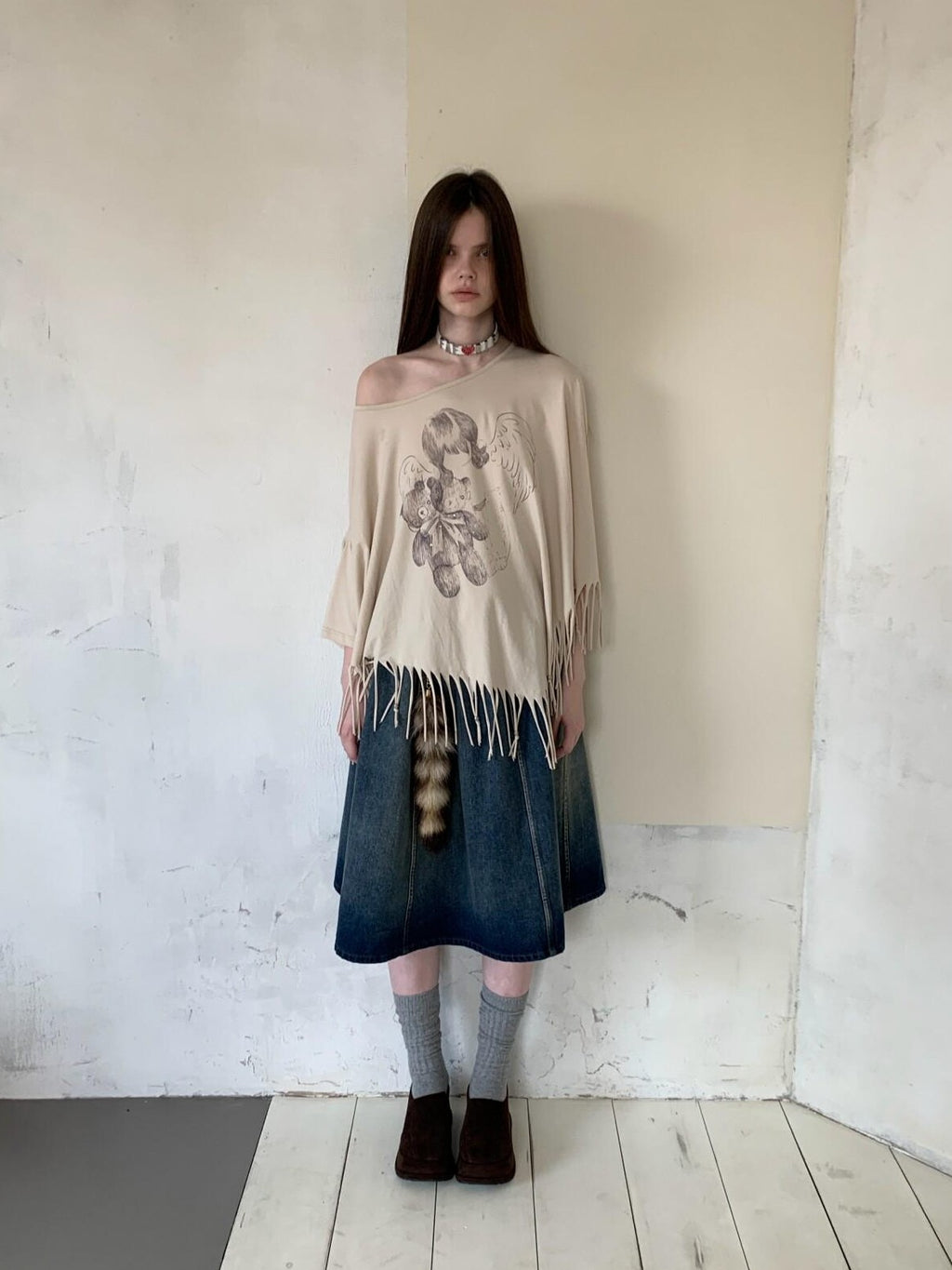 UNIVERSE Asymmetric Batwing Tassel Bear Print Women's Cotton Long Sleeve T-shirts