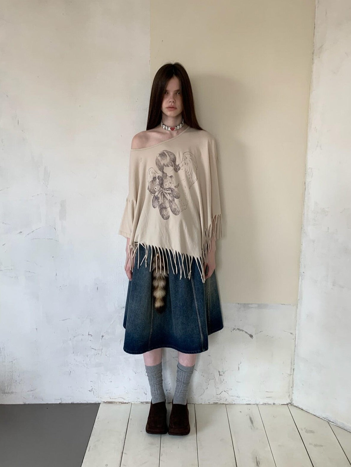 UNIVERSE Asymmetric Batwing Tassel Bear Print Women's Cotton Long Sleeve T-shirts