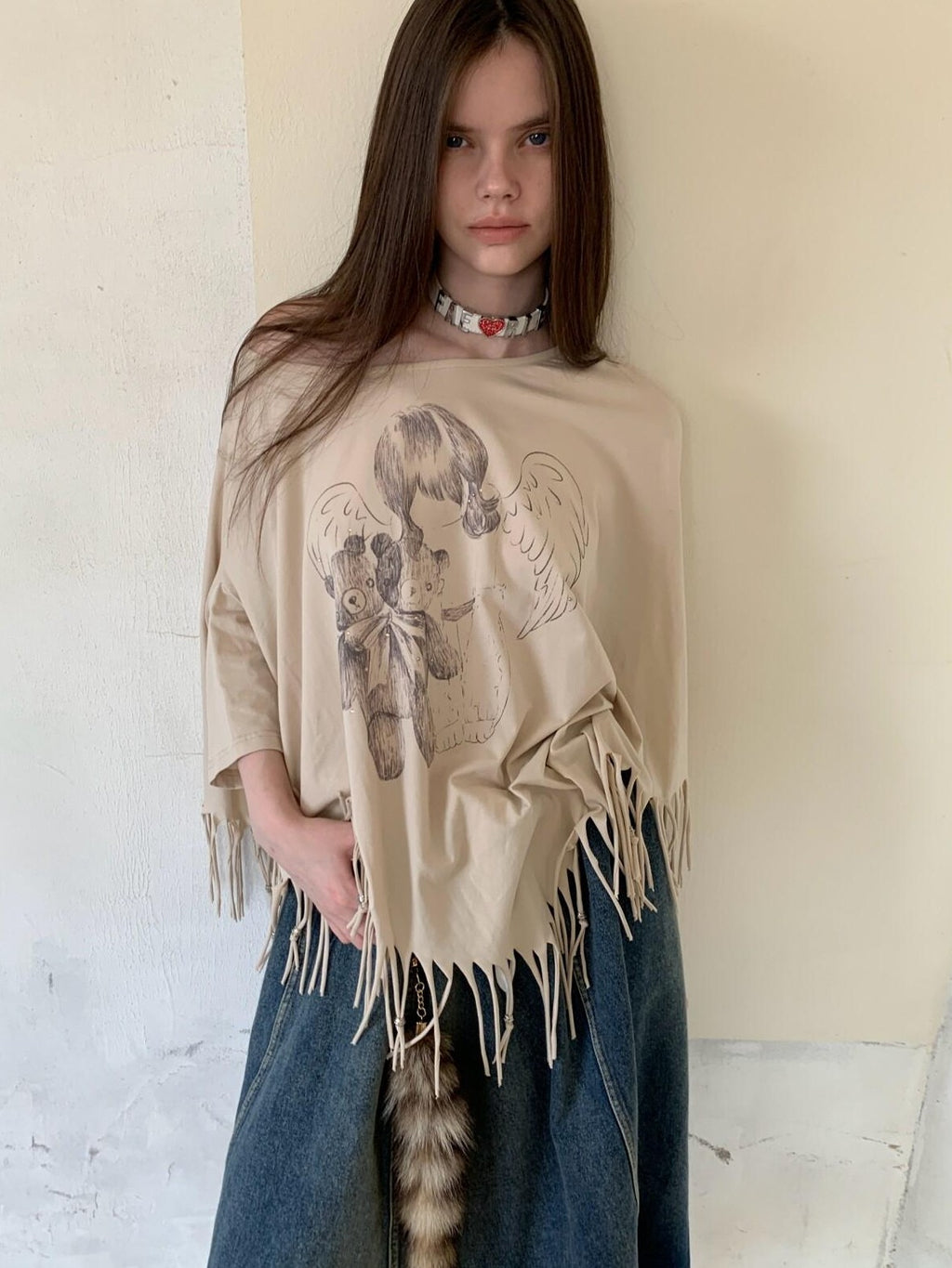 UNIVERSE Asymmetric Batwing Tassel Bear Print Women's Cotton Long Sleeve T-shirts