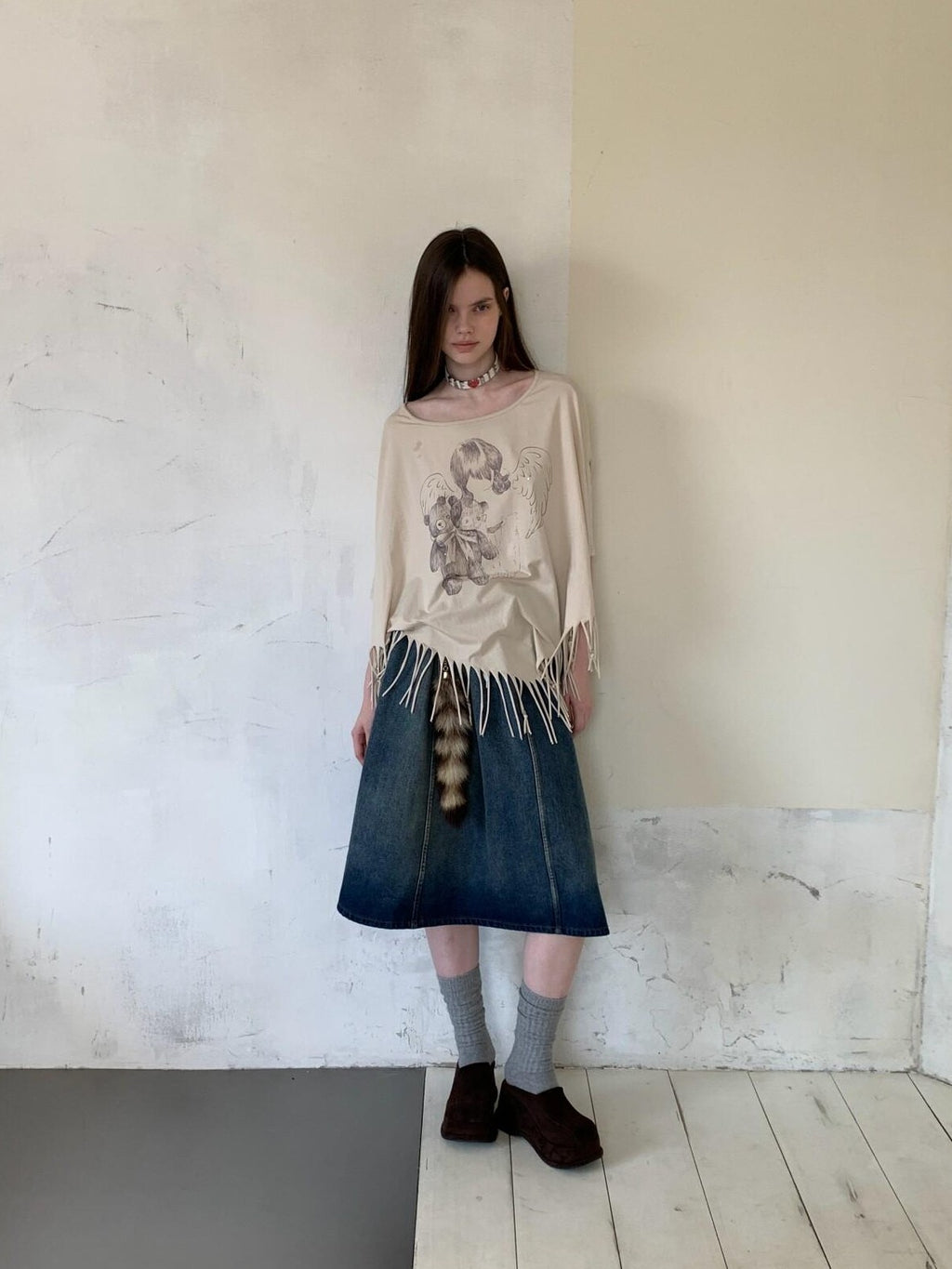 UNIVERSE Asymmetric Batwing Tassel Bear Print Women's Cotton Long Sleeve T-shirts
