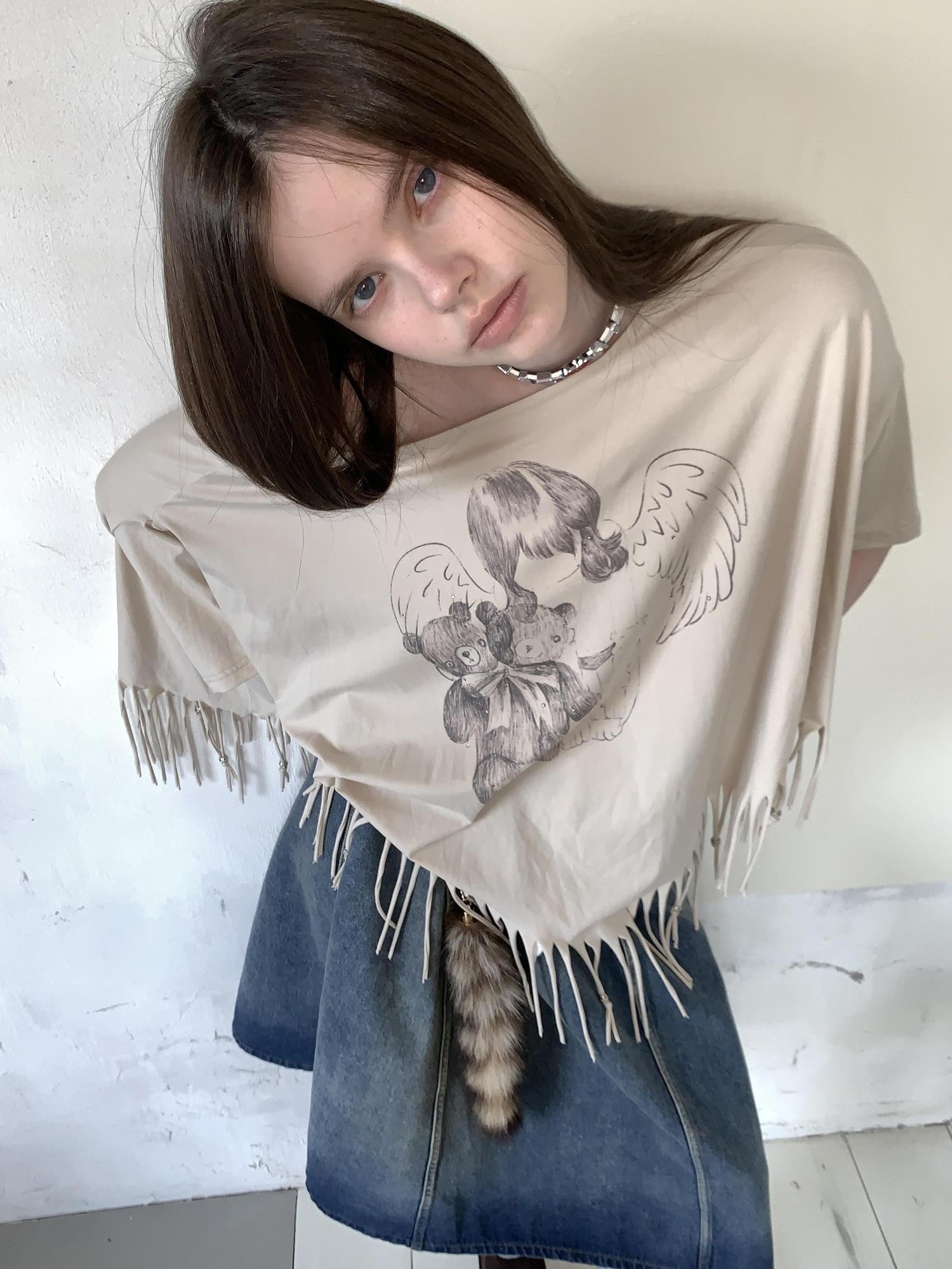UNIVERSE Asymmetric Batwing Tassel Bear Print Women's Cotton Long Sleeve T-shirts