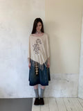UNIVERSE Asymmetric Batwing Tassel Bear Print Women's Cotton Long Sleeve T-shirts