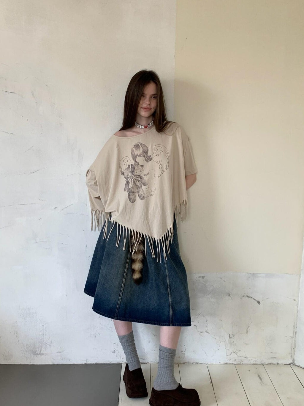 UNIVERSE Asymmetric Batwing Tassel Bear Print Women's Cotton Long Sleeve T-shirts