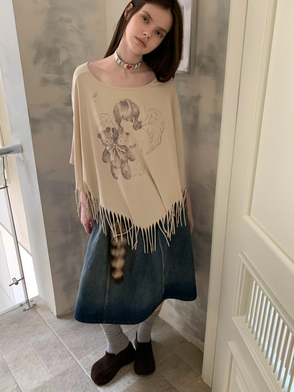 UNIVERSE Asymmetric Batwing Tassel Bear Print Women's Cotton Long Sleeve T-shirts