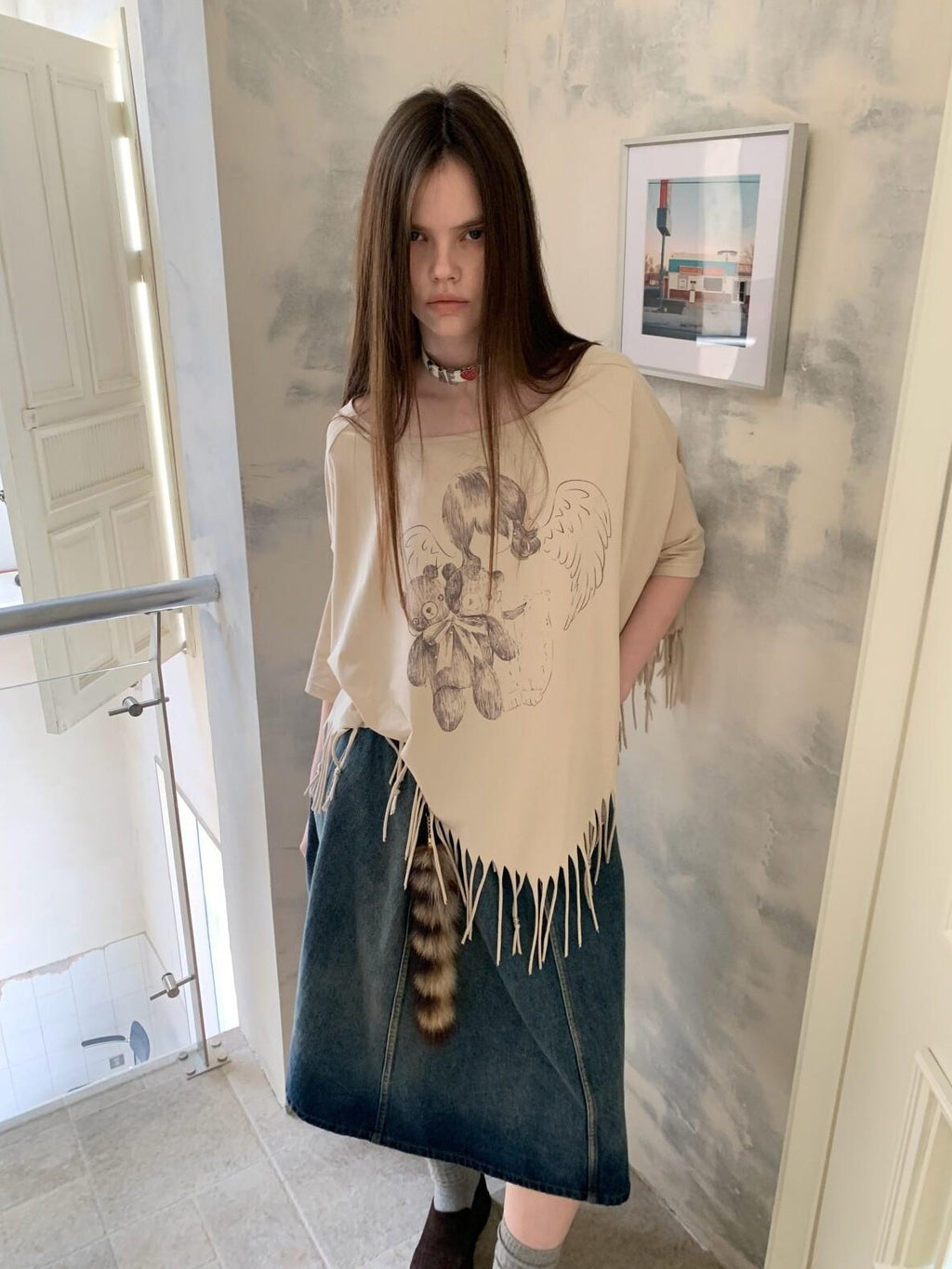 UNIVERSE Asymmetric Batwing Tassel Bear Print Women's Cotton Long Sleeve T-shirts