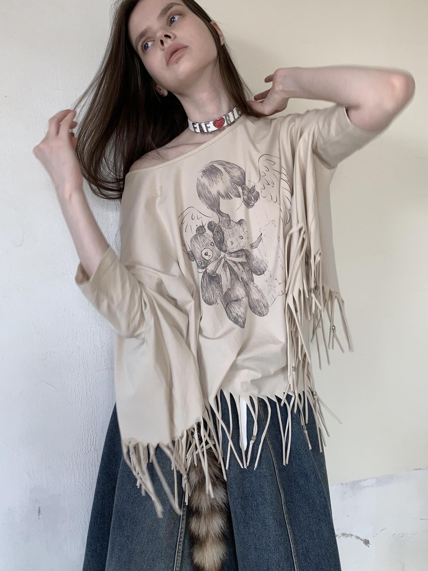 UNIVERSE Asymmetric Batwing Tassel Bear Print Women's Cotton Long Sleeve T-shirts