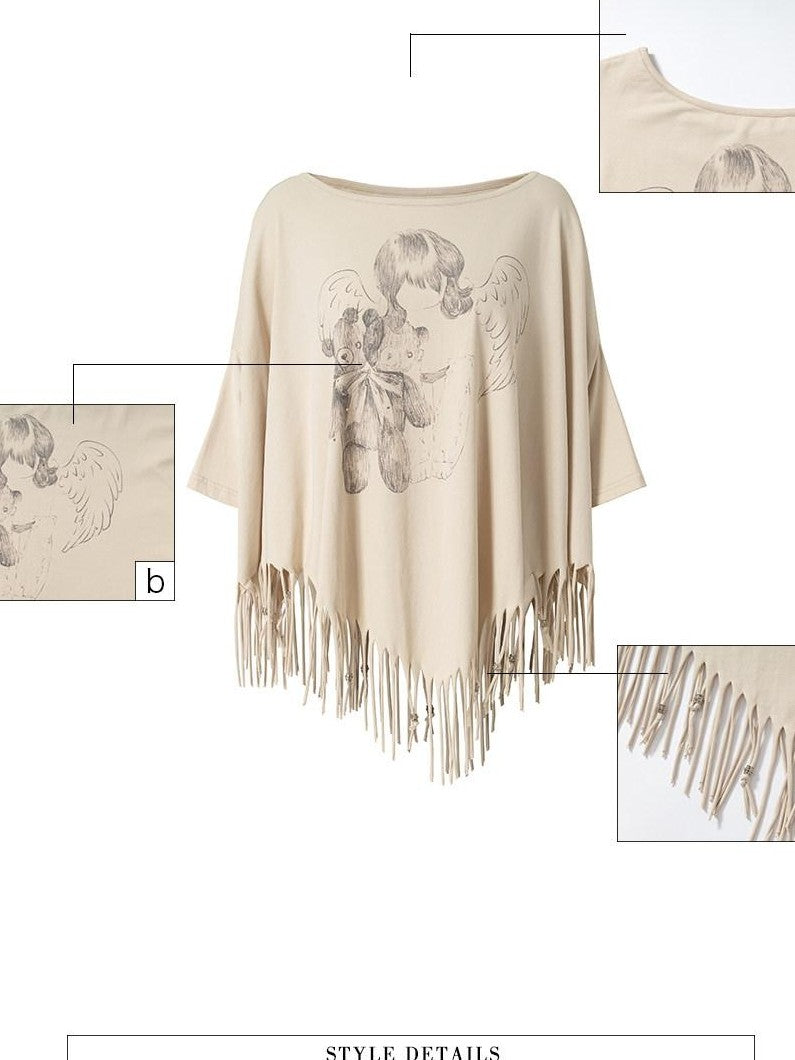 UNIVERSE Asymmetric Batwing Tassel Bear Print Women's Cotton Long Sleeve T-shirts