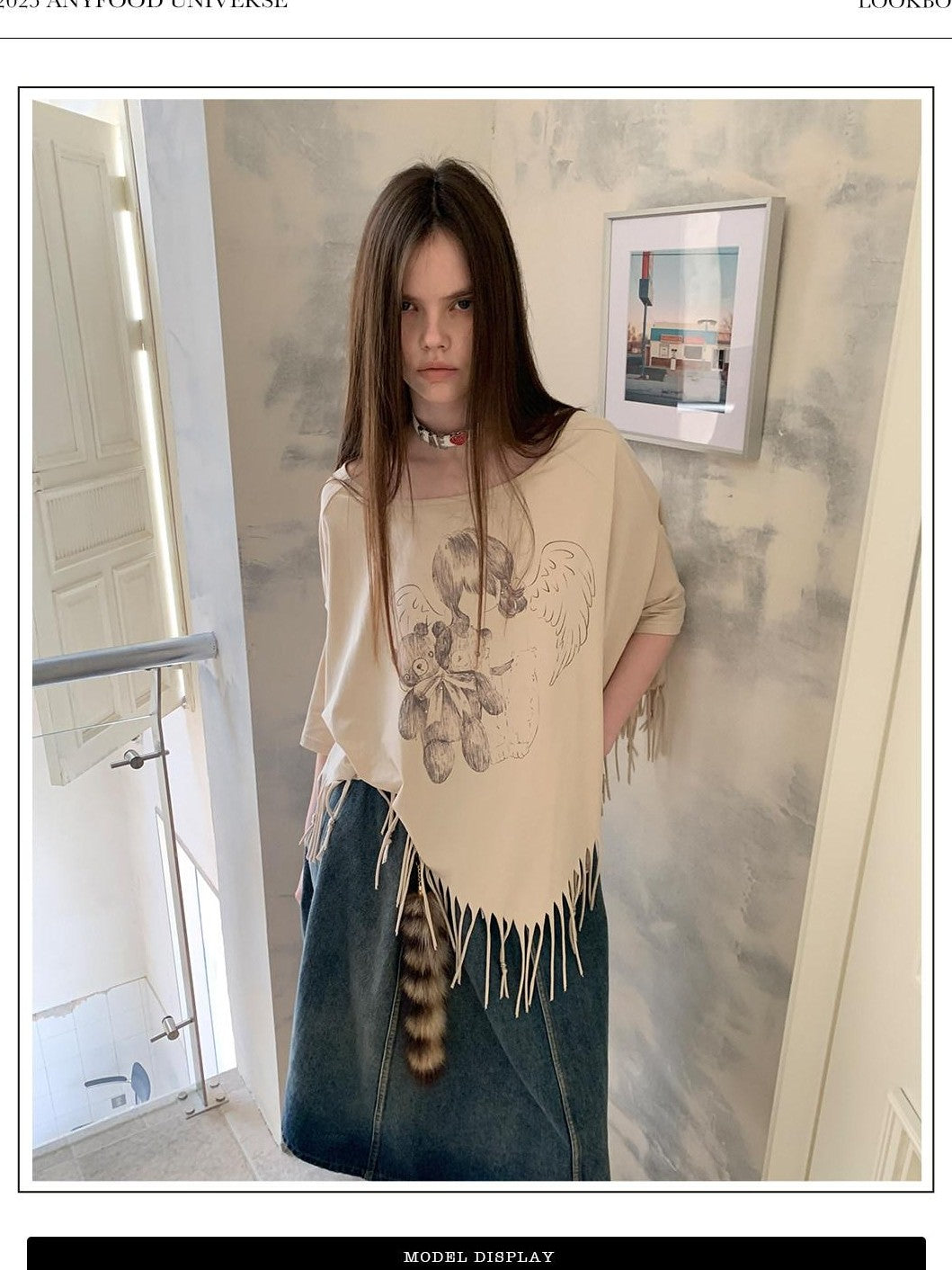 UNIVERSE Asymmetric Batwing Tassel Bear Print Women's Cotton Long Sleeve T-shirts