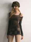 UNIVERSE Asymmetric Lace Off Shoulder Patchwork Slim Women's Cotton Long Sleeve T-shirts