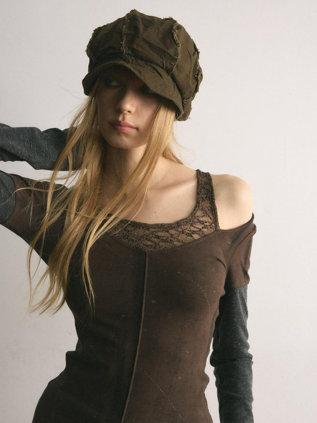 UNIVERSE Asymmetric Lace Off Shoulder Patchwork Slim Women's Cotton Long Sleeve T-shirts