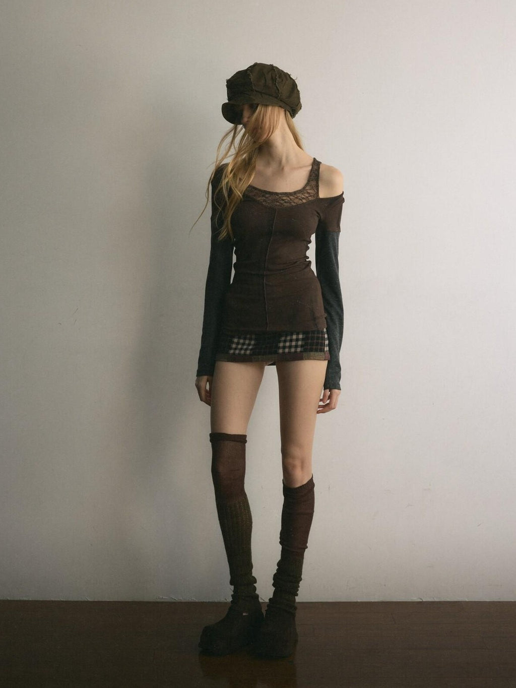 UNIVERSE Asymmetric Lace Off Shoulder Patchwork Slim Women's Cotton Long Sleeve T-shirts