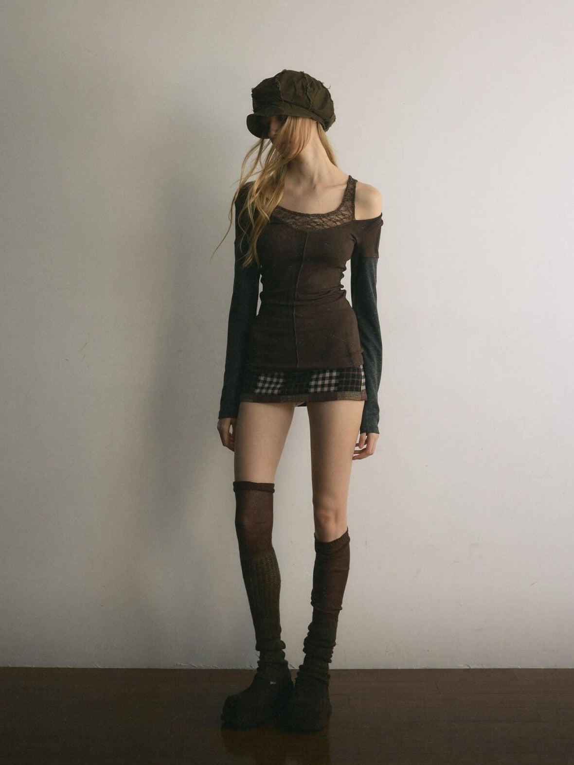 UNIVERSE Asymmetric Lace Off Shoulder Patchwork Slim Women's Cotton Long Sleeve T-shirts