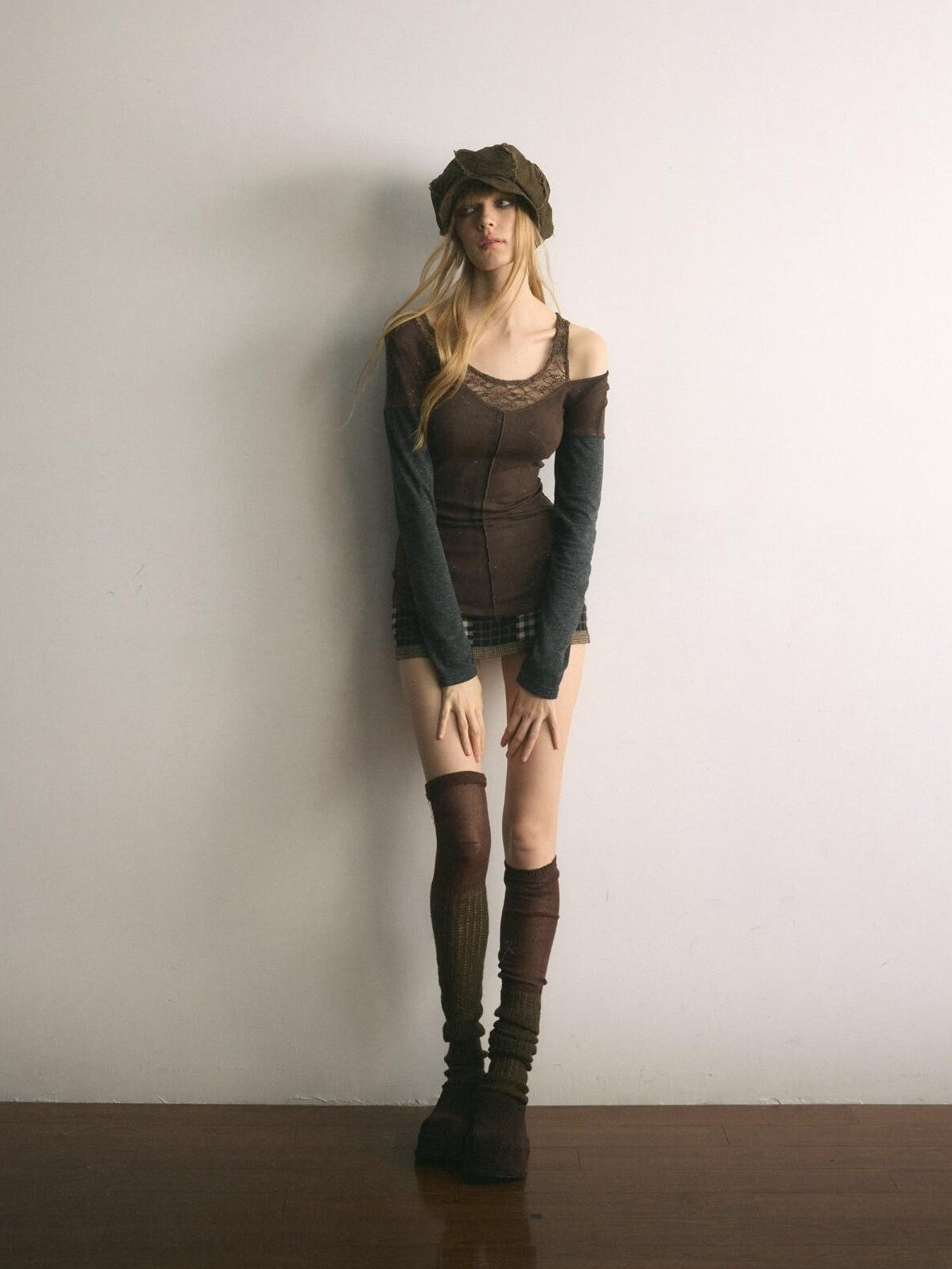 UNIVERSE Asymmetric Lace Off Shoulder Patchwork Slim Women's Cotton Long Sleeve T-shirts