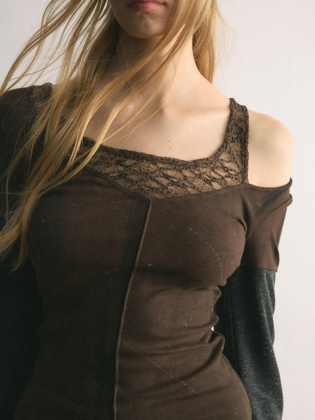 UNIVERSE Asymmetric Lace Off Shoulder Patchwork Slim Women's Cotton Long Sleeve T-shirts