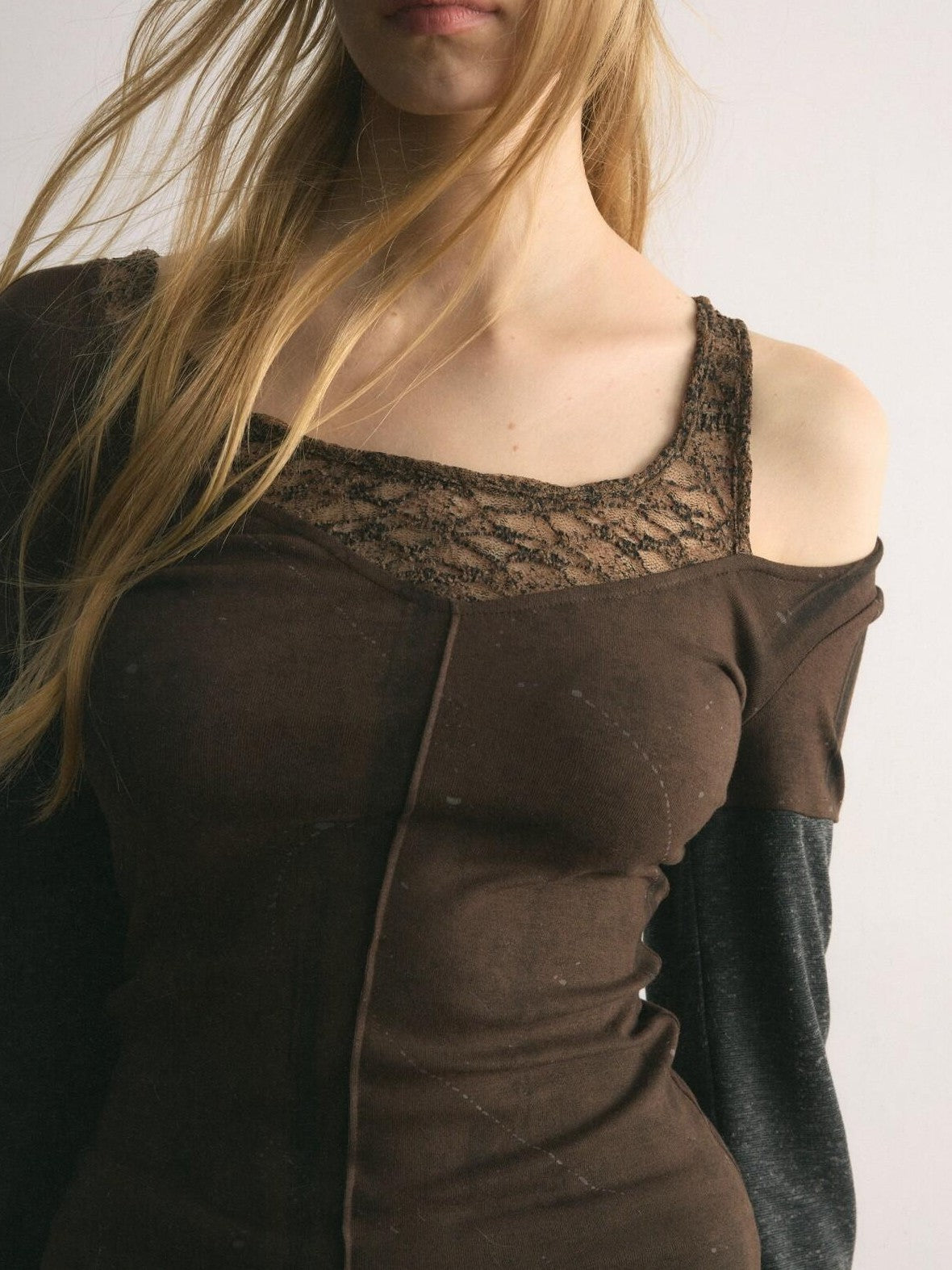 UNIVERSE Asymmetric Lace Off Shoulder Patchwork Slim Women's Cotton Long Sleeve T-shirts