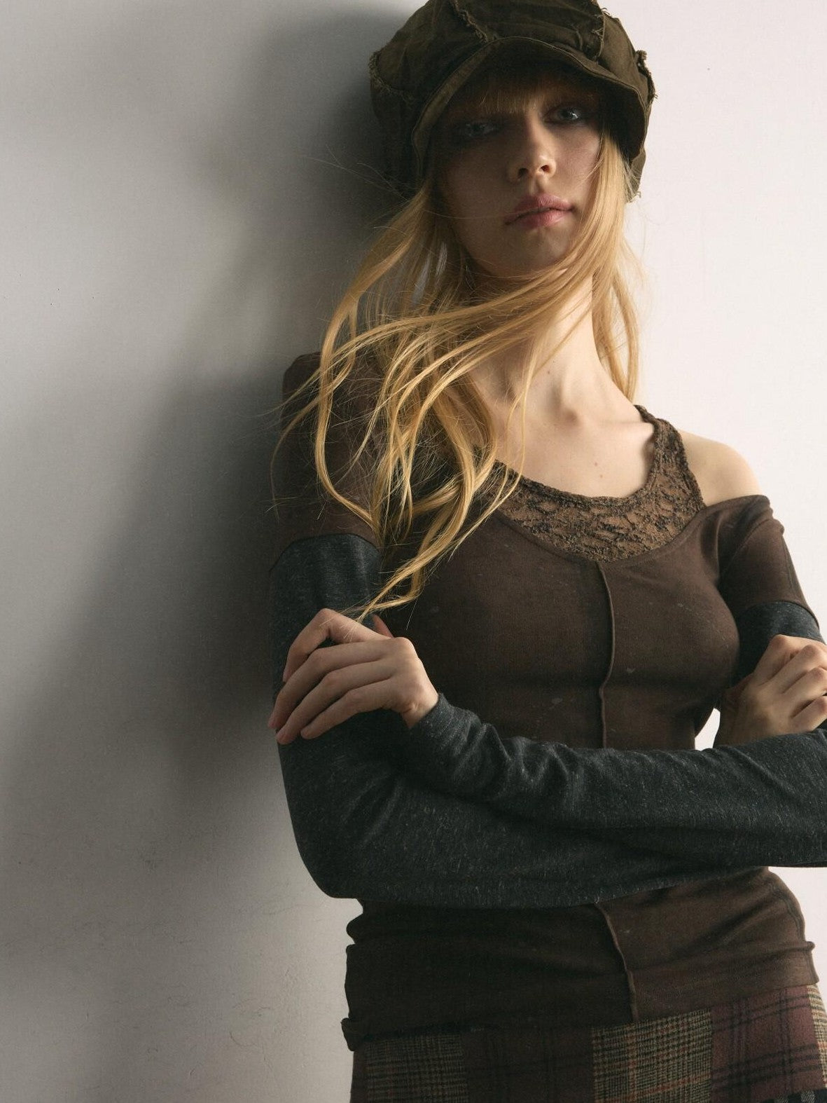 UNIVERSE Asymmetric Lace Off Shoulder Patchwork Slim Women's Cotton Long Sleeve T-shirts