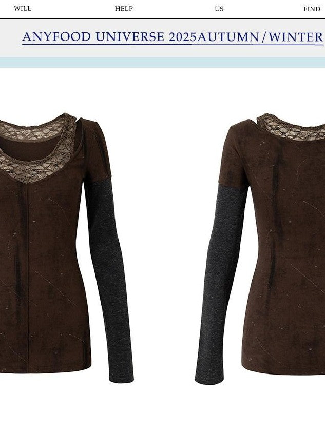 UNIVERSE Asymmetric Lace Off Shoulder Patchwork Slim Women's Cotton Long Sleeve T-shirts
