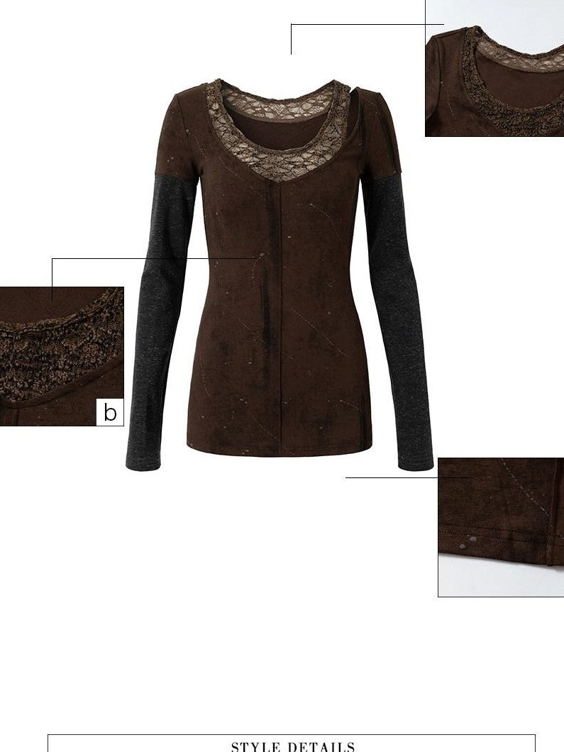 UNIVERSE Asymmetric Lace Off Shoulder Patchwork Slim Women's Cotton Long Sleeve T-shirts