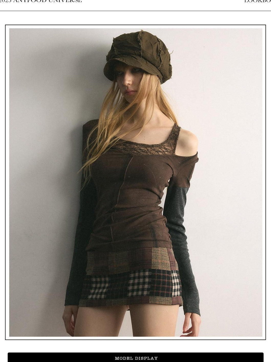 UNIVERSE Asymmetric Lace Off Shoulder Patchwork Slim Women's Cotton Long Sleeve T-shirts