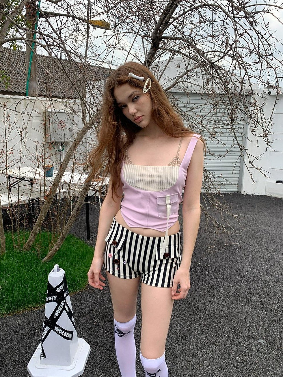 UNIVERSE Babydoll Retro Patchwork Pocket Knit Workwear Women's Polyester Tank Tops