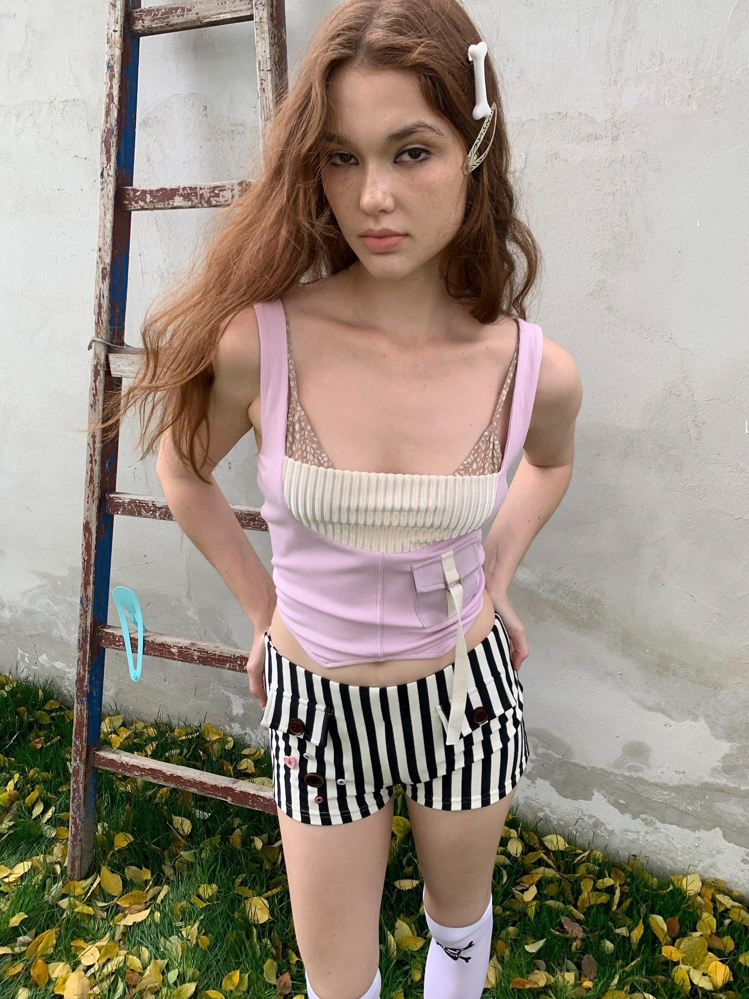 UNIVERSE Babydoll Retro Patchwork Pocket Knit Workwear Women's Polyester Tank Tops