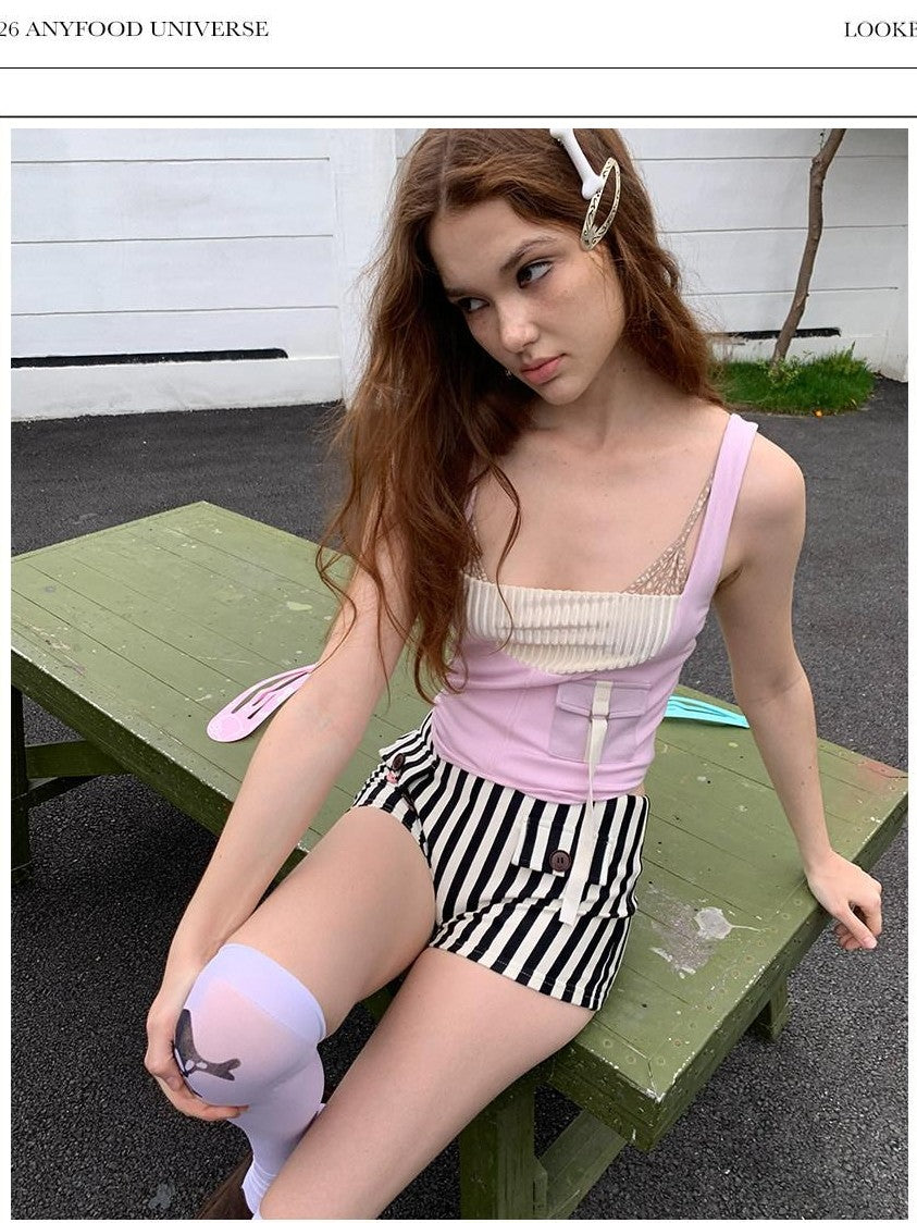 UNIVERSE Babydoll Retro Patchwork Pocket Knit Workwear Women's Polyester Tank Tops